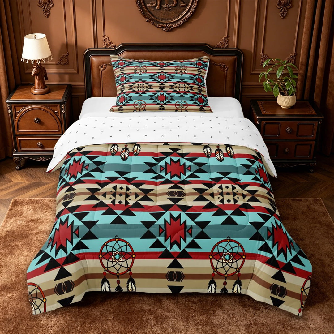 jejeloiu Dreamcatcher Aztec Twin Comforter Sets,Tribal Print Bedding Set For Boys,Multi Beige,Reversible,2 Pieces,1 Comforter and 1 Pillowcase
