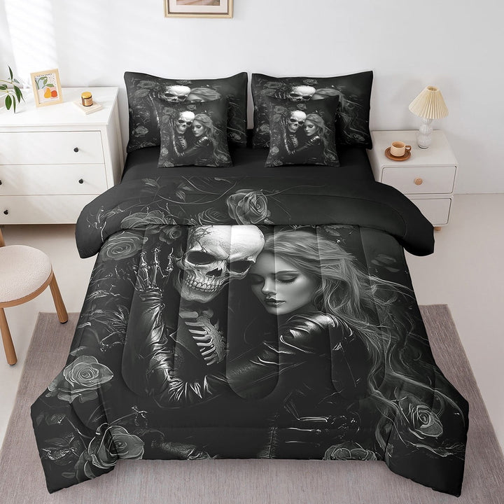 7Pcs Black Valentines Day Queen Comforter Set,3D Sugar Kiss Skull Bedding Sets,Gothic Rose Floral Bed In A Bag,Skull and Love Quilt with Flat Fitted Sheet Valentine&