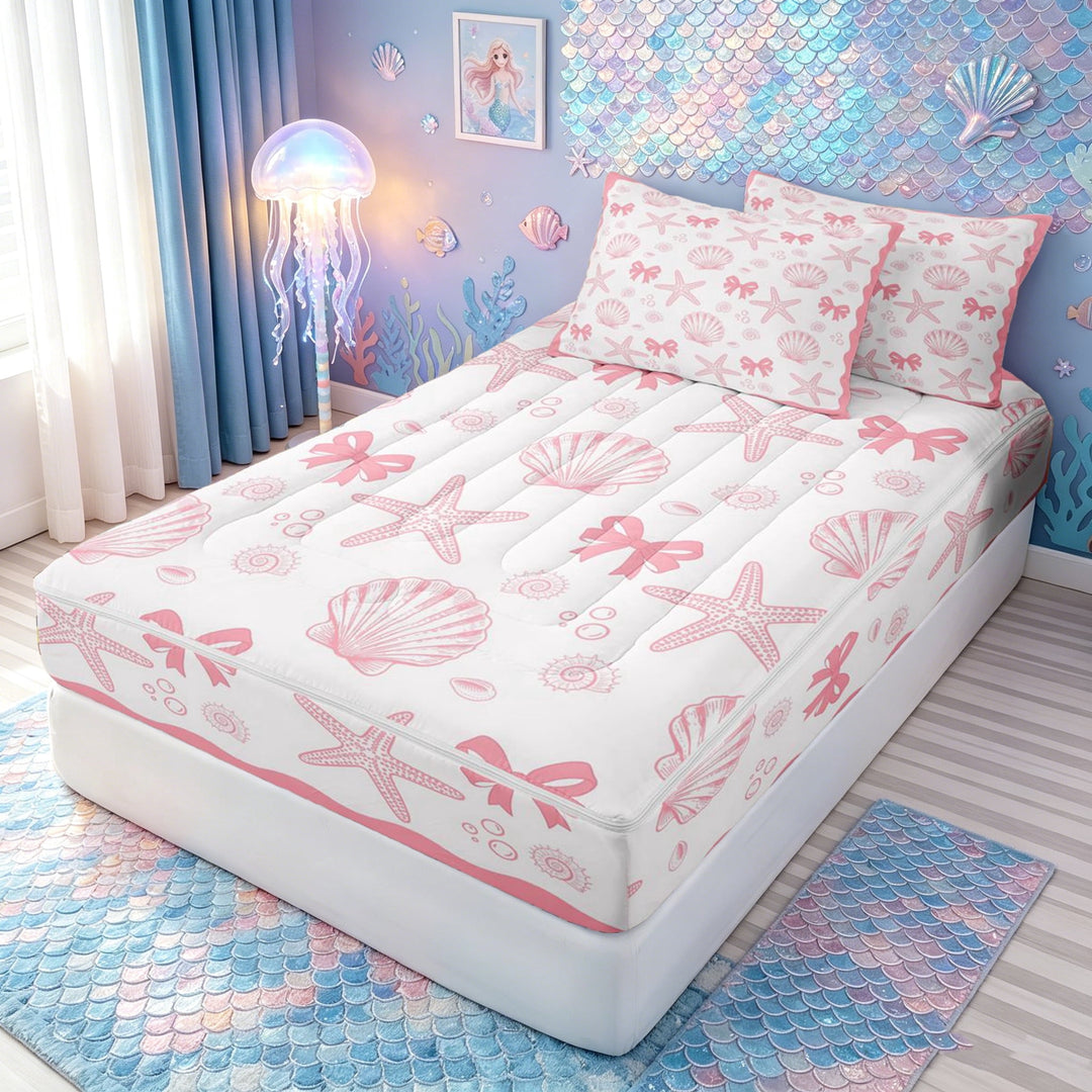 meiyoeat Kawaii Coastal Bowknot Zipper Full Size Comforter Sets with Fitted Sheet and 2 Pillowcases for Girls, Pink Sea Shell Starfish Zipper Bedding Set, Pink Reversible, 4pcs