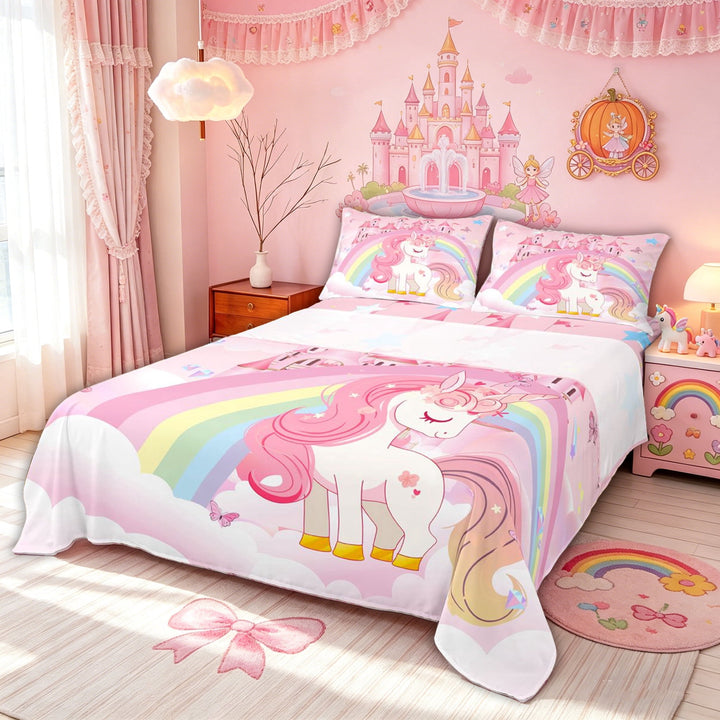 meiyoeat Magical Unicorn Castle Bed Sheets for Kids Girls, Rainbow Princess Style Full Size Sheets, Pink White, 4 Pieces