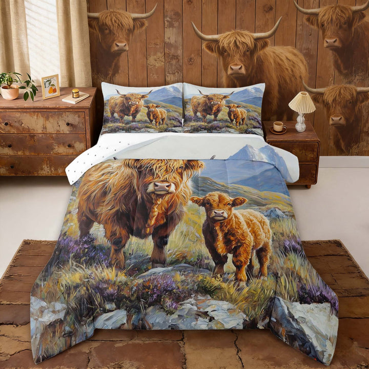 Erosebridal Watercolor Highland Cattle Queen Comforter Set, Oil Painting Style Bedding Comforter Set