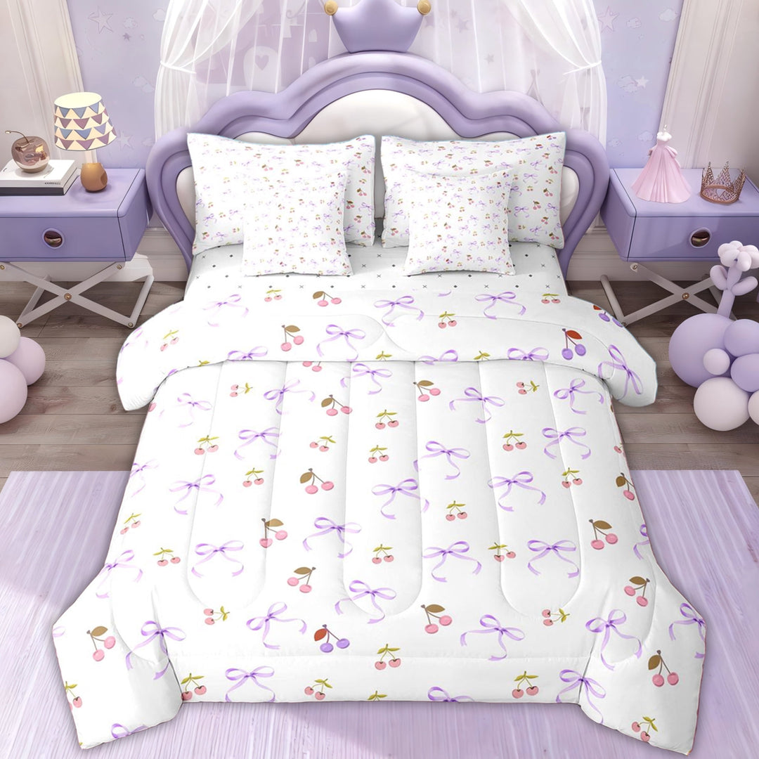 Erosebridal Purple Princess Bow Twin Bedding Sets, Kawaii Cherry Bedding Comforter Set for Girls, 7 Pieces