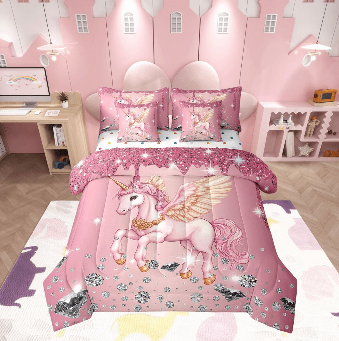 Unicorn Comforter Set 7 Piece Bed in a Bag Twin,Sequin Fluid Art Comforter and Sheet Set,Crystal Diamond Bedding Set,Cute Dreamy Horse Bed Set Cartoon Magical Animal Pink Room Decor