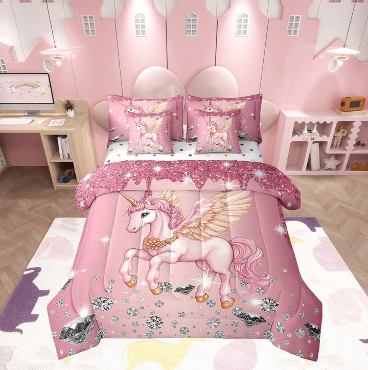 Unicorn Comforter Set 7 Piece Bed in a Bag Twin,Sequin Fluid Art Comforter and Sheet Set,Crystal Diamond Bedding Set,Cute Dreamy Horse Bed Set Cartoon Magical Animal Pink Room Decor