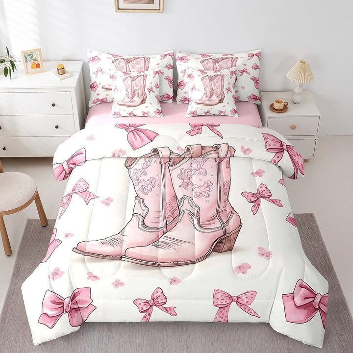 Cowboy Boots Bedding Set Full Size 7 Piece, Bow Knot Flowers Room Decor Bed in a Bag Bed Set, Cartoon Bows Printed Bedding Bed Sets, White Pink Cute Shoes Bed Sheets Set