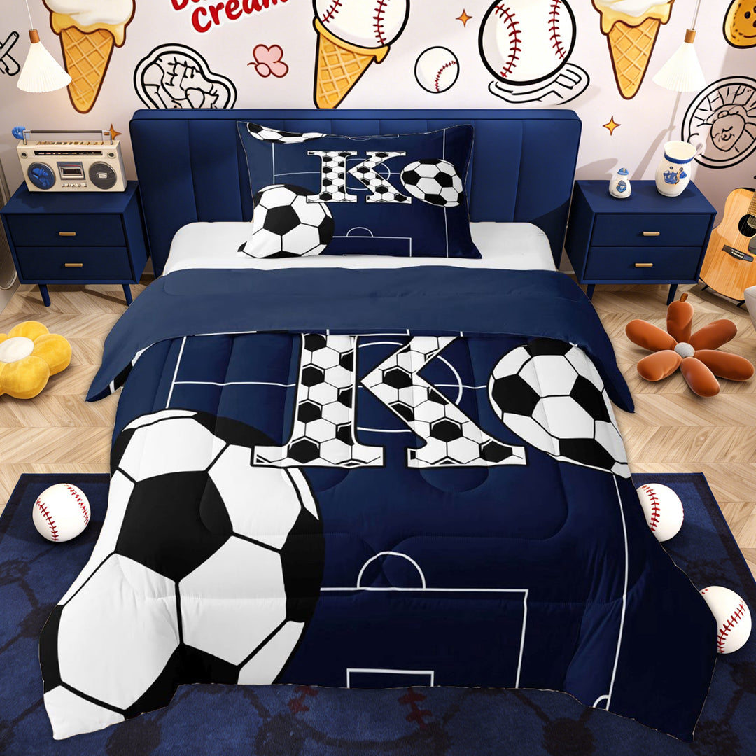 Erosebridal Kid Soccer Initial K Twin Comforter Sets, Football Lover Bedding Set, Blue Reversible, 2pcs