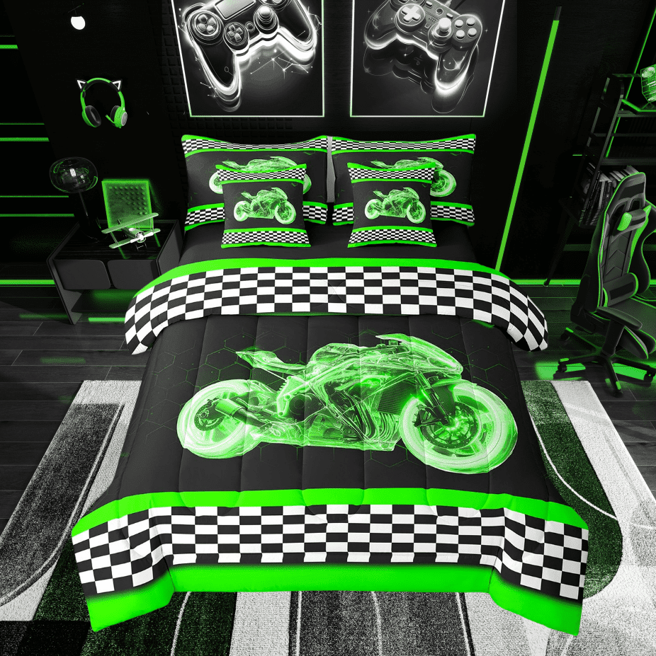 Erosebridal Cool Motorcycle Bed in a Bag Twin size, Honeycomb Bed Set, Checkered Flag Decor, Reversible 7-Piece