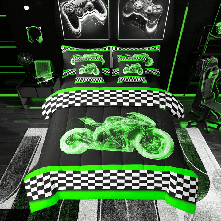 Erosebridal Cool Motorcycle Bed in a Bag Twin size, Honeycomb Bed Set, Checkered Flag Decor, Reversible 7-Piece