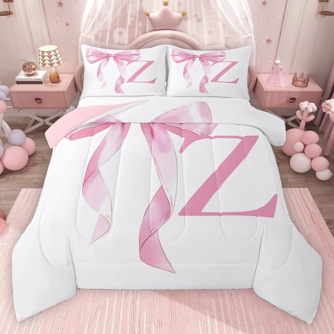 Erosebridal Girls Pink Bow Queen Comforter Set, Z Letter Bedding Comforter Set, Princess Style Bedroom Decor, Pink Reversible 3 Pieces, 1 Comforter and 2 Pillowcases