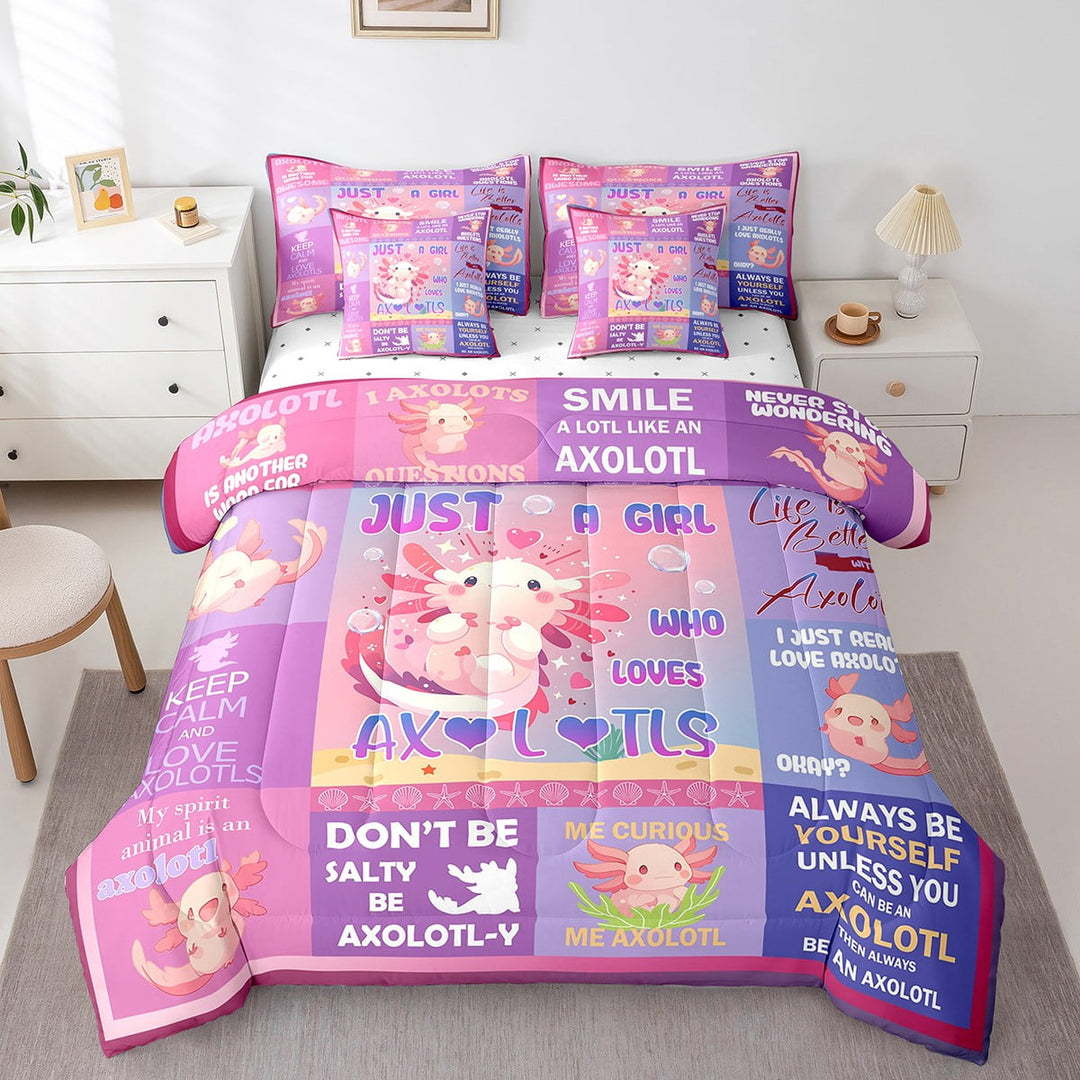 Erosebridal 7Pcs Axolotl Bedding Bed in a Bag Girly Kawaii Axolotl Twin Comforter Set for Teen Room Decor, Cute Animal Bedding Sets Pink Purple Salamander Quilted Comforter with Sheets