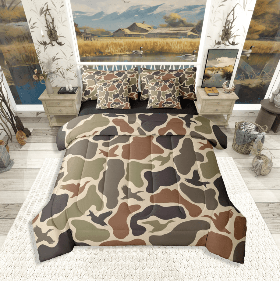 Manfei Mallard Duck 7 Pieces Bedding Comforter Set,Rustic Camouflage Full Bedding Set Lightweight,Abstract Vintage Fitted Sheet Flat Sheet,Breathable Animal Home Decor,Reversible