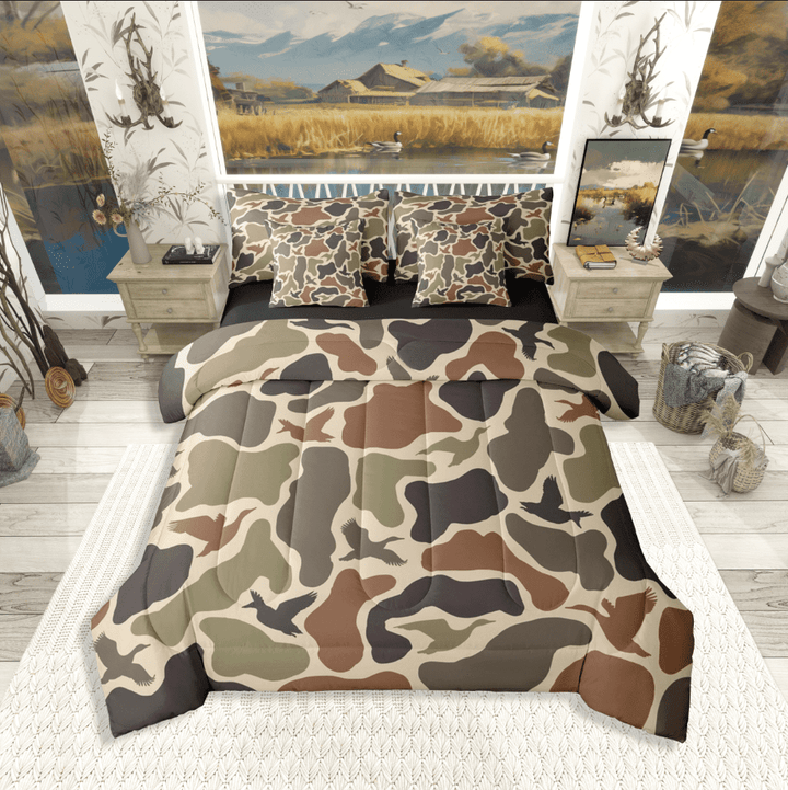 Manfei Mallard Duck 7 Pieces Bedding Comforter Set,Rustic Camouflage Full Bedding Set Lightweight,Abstract Vintage Fitted Sheet Flat Sheet,Breathable Animal Home Decor,Reversible