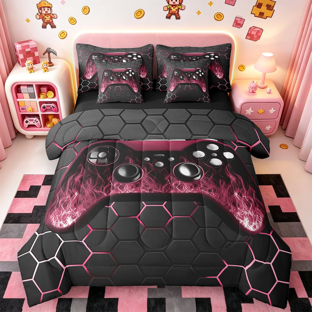 Manfei Game Console Bedding Twin Size,Gamer Gaming Comforter Sets with Sheets,Black Red Honeycomb Bedding Sets Twin Size,Breathable Bedroom Decorative Reversible,7pcs