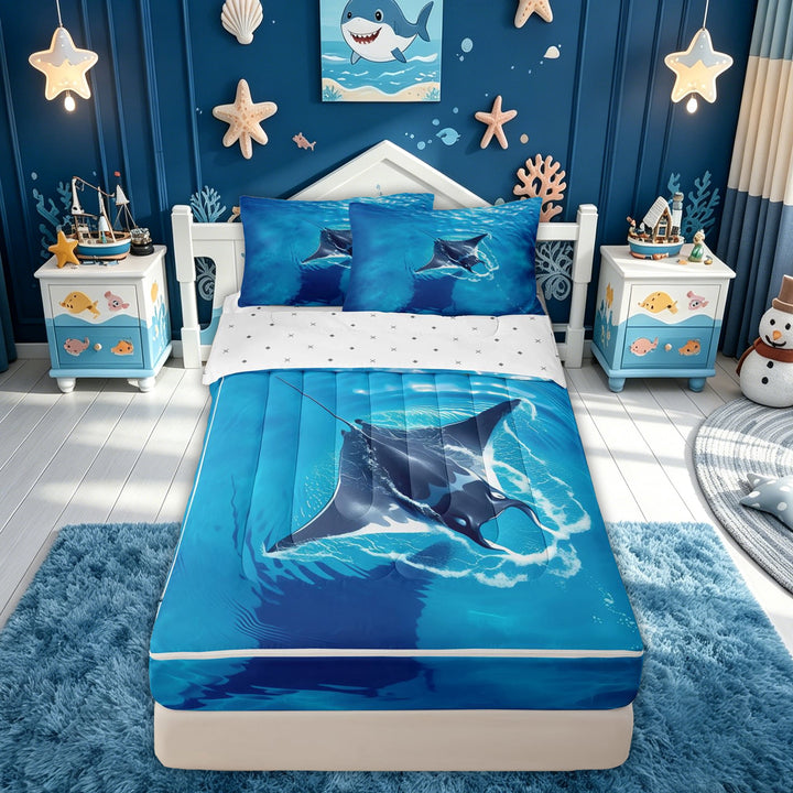 meiyoeat Sea Manta Ray Zipper Comforter Set with Fitted Sheet and 2 Pillowcases for Men Boys, Sunlight Wave Wildlife Zipper Bedding Set, Blue, Reversible, 3-Piece