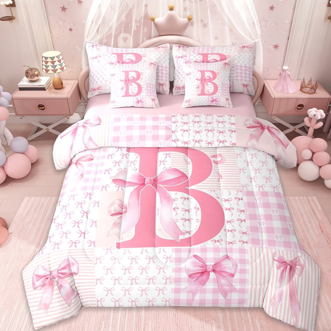Erosebridal Bowknot Initial Alphabet B 7-Piece Twin Bedding Sets,Pink Patchwork Geometric Plaid Bedding Comforter Set For Kids Girls,Pink Reversible