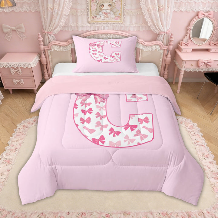 Erosebridal Bow Letter C Twin Comforter Sets for Girls, Pink Initial Ribbon Bedding Set, Pink Reversible, 2 Pieces
