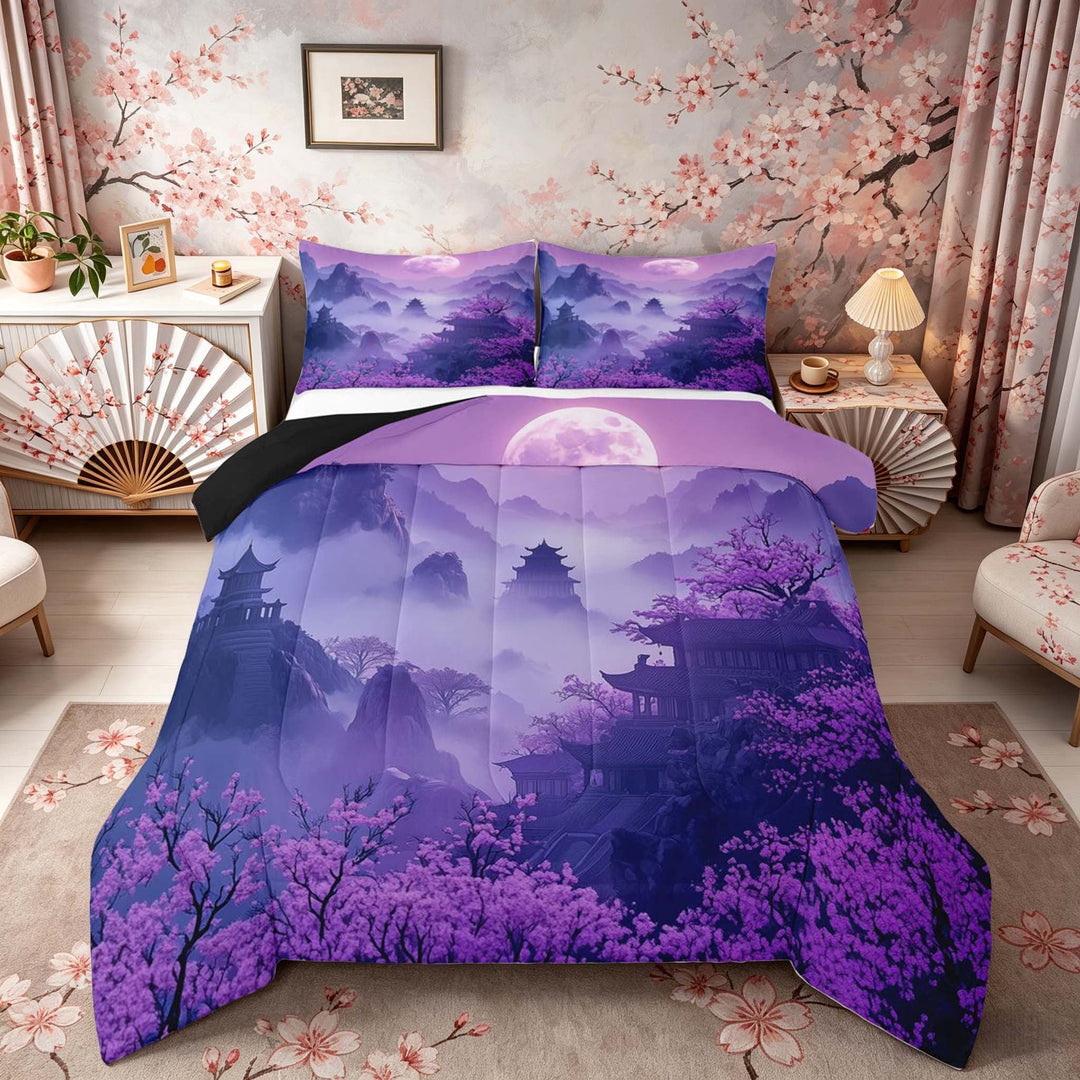 Manfei Fantasy Temple Full Size Comforter Sets for Girls, Purple Moon Cherry Bedding Sets, Purple Black Pink, Black Reversible 3pcs, 1 Comforter and 2 Pillowcases