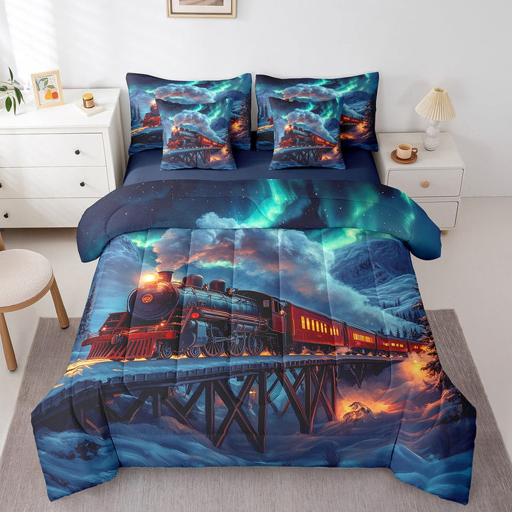 Vintage Train Comforter Set 7 Pieces Steam Engine Galaxy Starry Bedding Set Rail Vehicles Transportation Bed In A Bag Twin,Polar Lights Transport Fitted Sheet Mountain Comforter
