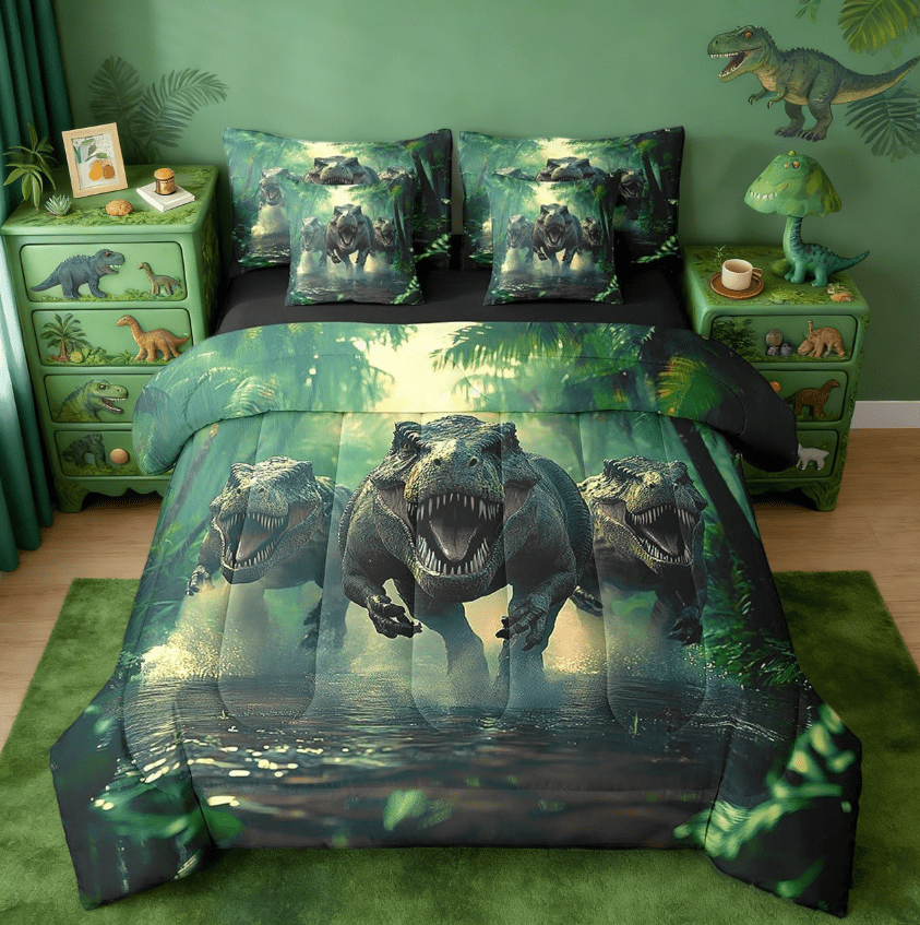 Manfei Cartoon Ancient Dinosaur 7 Pieces Bedding Comforter Set,3D Dino Print Jungle Dino Full Bedding Set Wild Animal Bedroom Decor Reversible