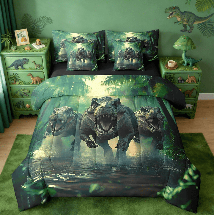 Manfei Cartoon Ancient Dinosaur 7 Pieces Bedding Comforter Set,3D Dino Print Jungle Dino Full Bedding Set Wild Animal Bedroom Decor Reversible