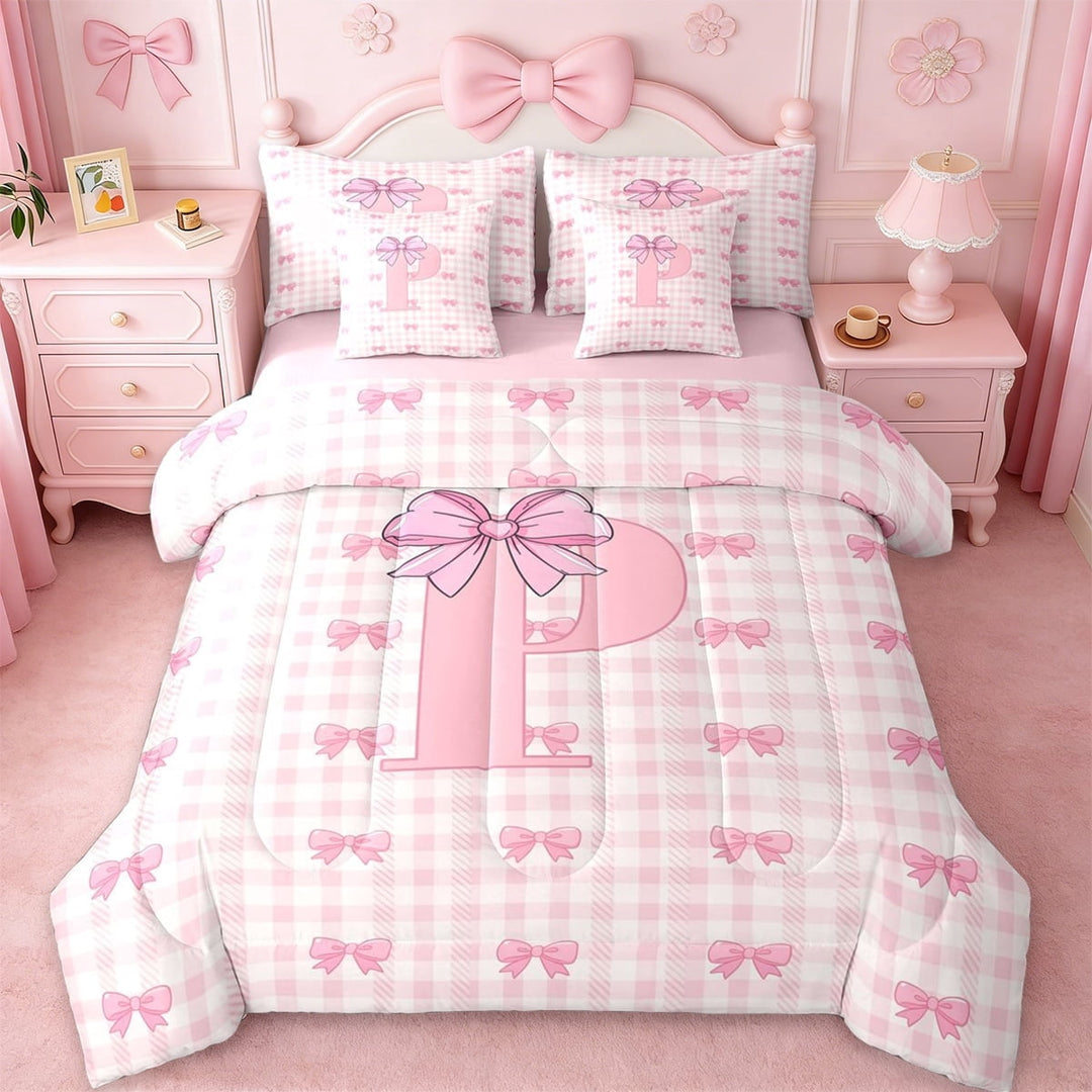 Erosebridal Letter P Initial 7-Piece Twin Bedding Sets For Kids Girls,Pink Geometric Grid Print Bedding Comforter Set,Pink Reversible