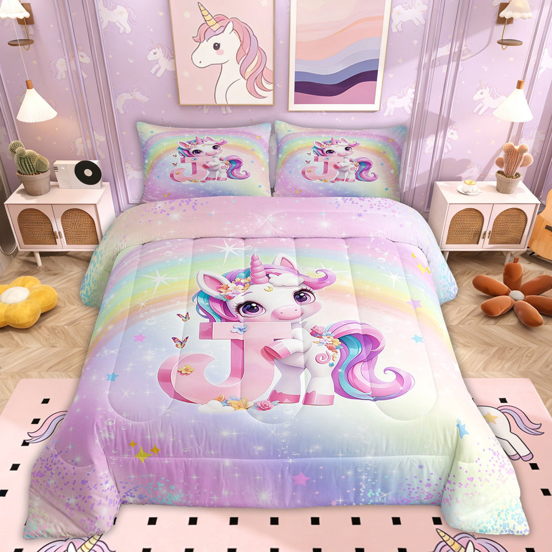 Erosebridal Pink Unicorn Comforter Sets Twin Size, Initial J Letter Comforters &amp; Duvets, Flower Decor, Reversible 2-Piece