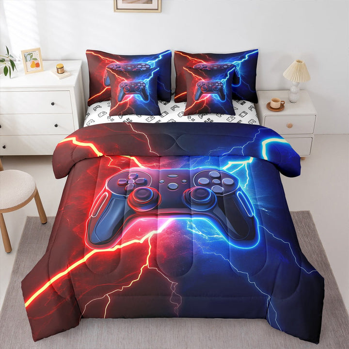 Erosebridal Gamer Comforter Set with Sheets Twin Size Gaming Bed in a Bag Set Teens Modern Game Console Controller 7 Pieces Bedding Set Joystick Room Decor Red Blue