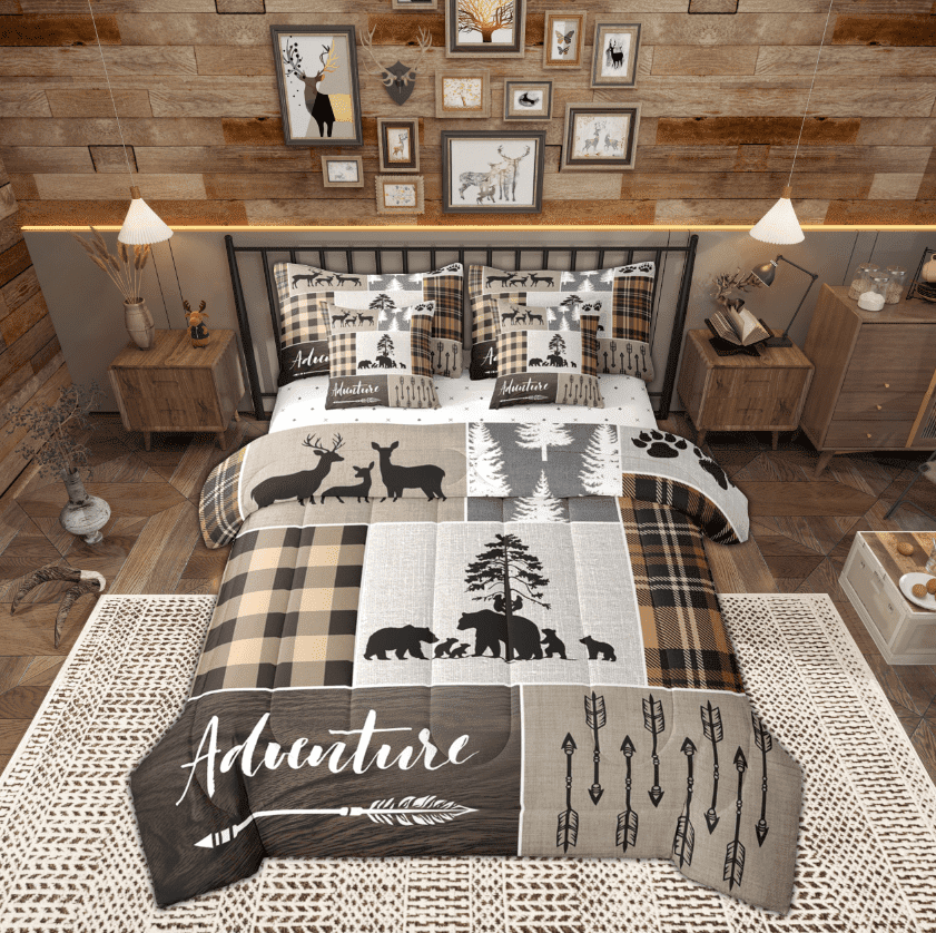 Manfei Wild Animal Bear 7 Pieces Bedding Comforter Set,Outdoor Adventure Full Bedding Set,Vintage Brown Patchwork Plaid Fitted Sheet Flat Sheet For Boys,Microfiber Bedroom Decor