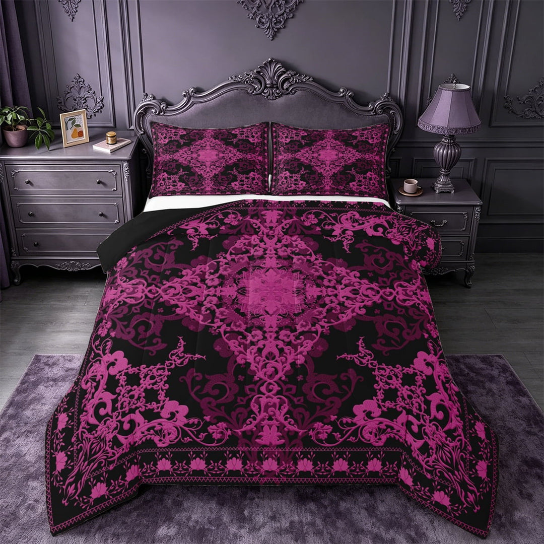 Erosebridal Retro Damask Flower Queen Comforter Set,Vintage Floral Bedding Comforter Set For Men Women,Reversible black,3pcs