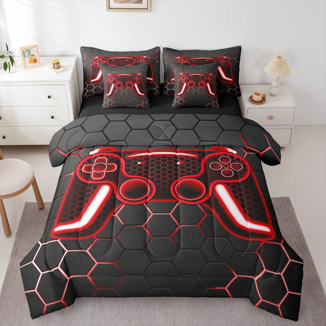 Erosebridal Gamer Bedding Set 7 Piece Black Red Gaming Twin Comforter Set With Sheets Teen Honeycomb Game Console Bed In A Bag Video Game Room Decor,Neon Geometric Gamepad Bed Set