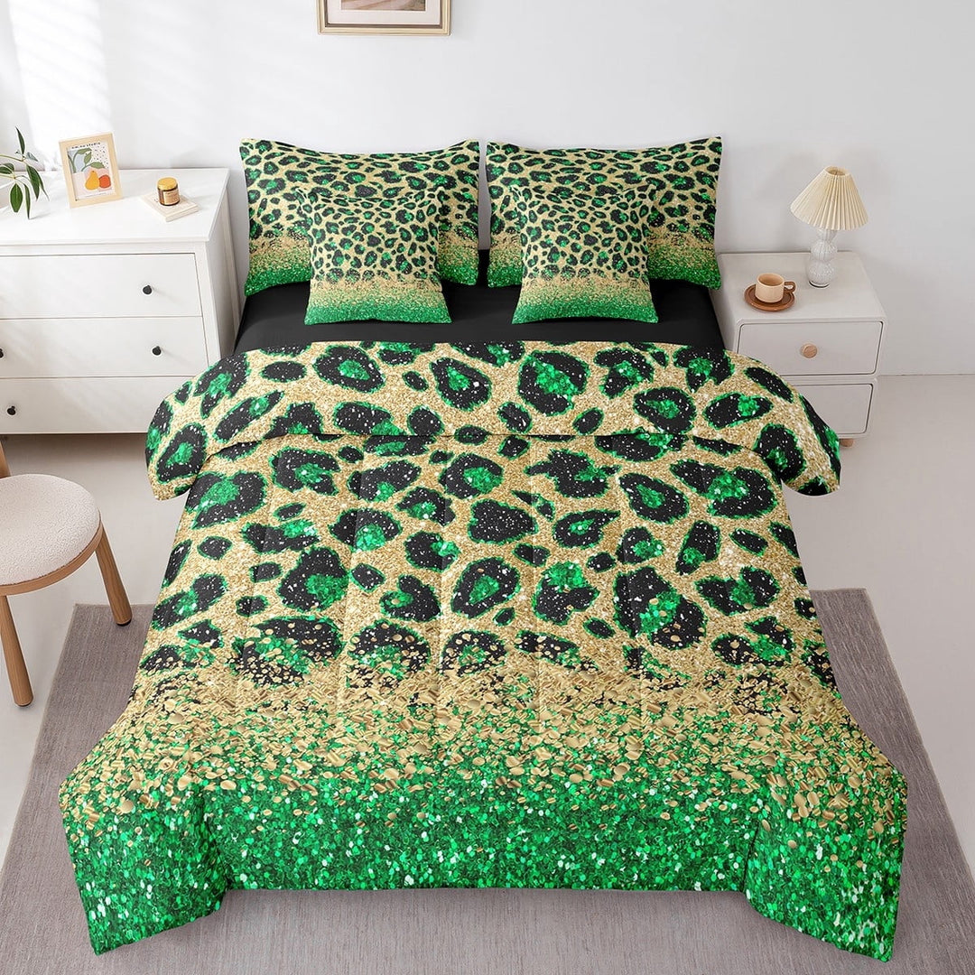 Green Cheetah Print Bed in a Bag King Size Comforter Set 7 Pieces,Gold Sequin Print Bedding Set Animal Hide Leopard Sheet Set with Comforter African Animals Bed Set,Spot Western Decor