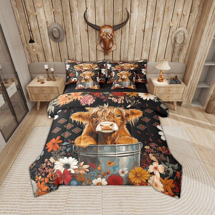 Erosebridal Kawaii Highland Cattle Bedding Twin Size, Multicolor Floral Comforter Sets with Sheets, Rustic Farmhouse Decor, Reversible 7pcs