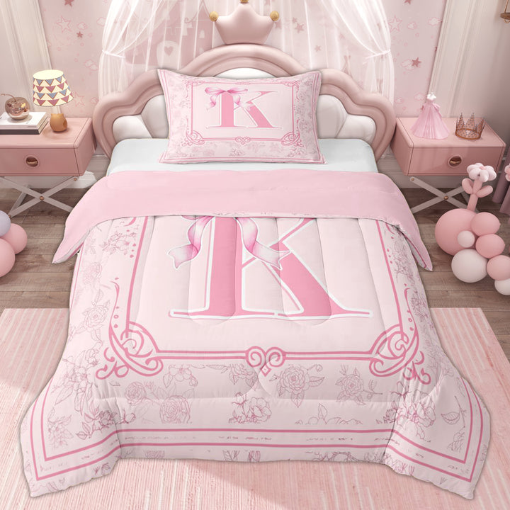 Erosebridal Kids Bow K Letter Twin Comforter Sets, Princess Flower Floral Bedding Set, Pink, 2pcs