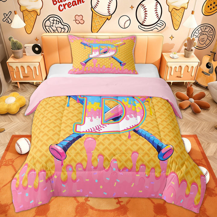 Erosebridal Kids Cute Baseball Twin Comforter Sets, Ice Cream Monogrammed D Bedding Set, Pink, 2pcs