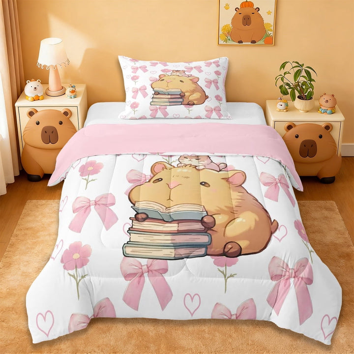 Erosebridal Kawaii Capybara Twin Comforter Sets,Pink Bow Cute Bowknot Bedding Set For Girls Kids ,Reversible Pink 2 Pieces