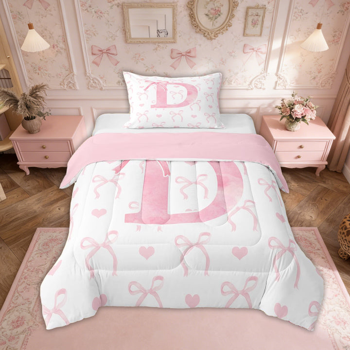 Erosebridal Girly Fairly Bedding Sets Twin with Comforter, Romantic Initial D Duvet Insert, Kawaii Pink Bowknot, Reversible 2pcs