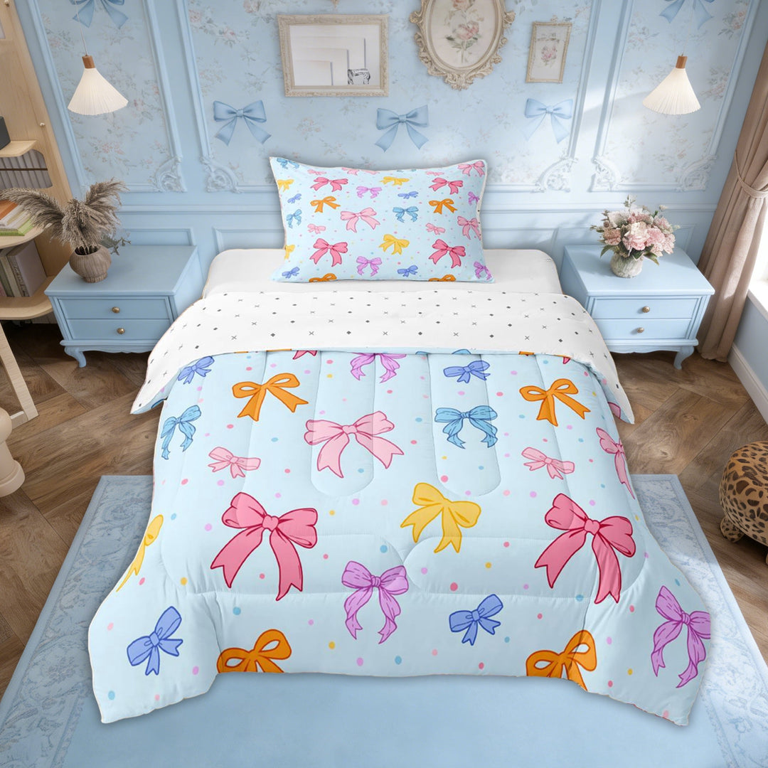 Erosebridal Blue Pink Bow Twin Comforter Sets for Girl, Cartoon Princess Bedding Set, 2pcs