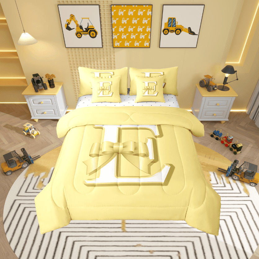 Erosebridal Initial Letter E Bedding Twin Size, Yellow Bed in a Bag Twin size, Kawaii Bow-tie Reversible Bed Set, Lightweight Room Decorative, 7 Pieces