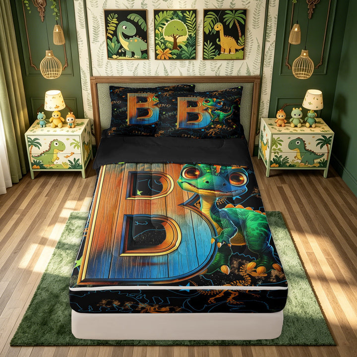 meiyoeat Dinosaur Letter B Print Zipper Comforter Set with Fitted Sheet and 2 Pillowcases for Boys Girls, Cartoon Dino Graffiti Zipper Bedding Set, Black Reversible, 3pcs