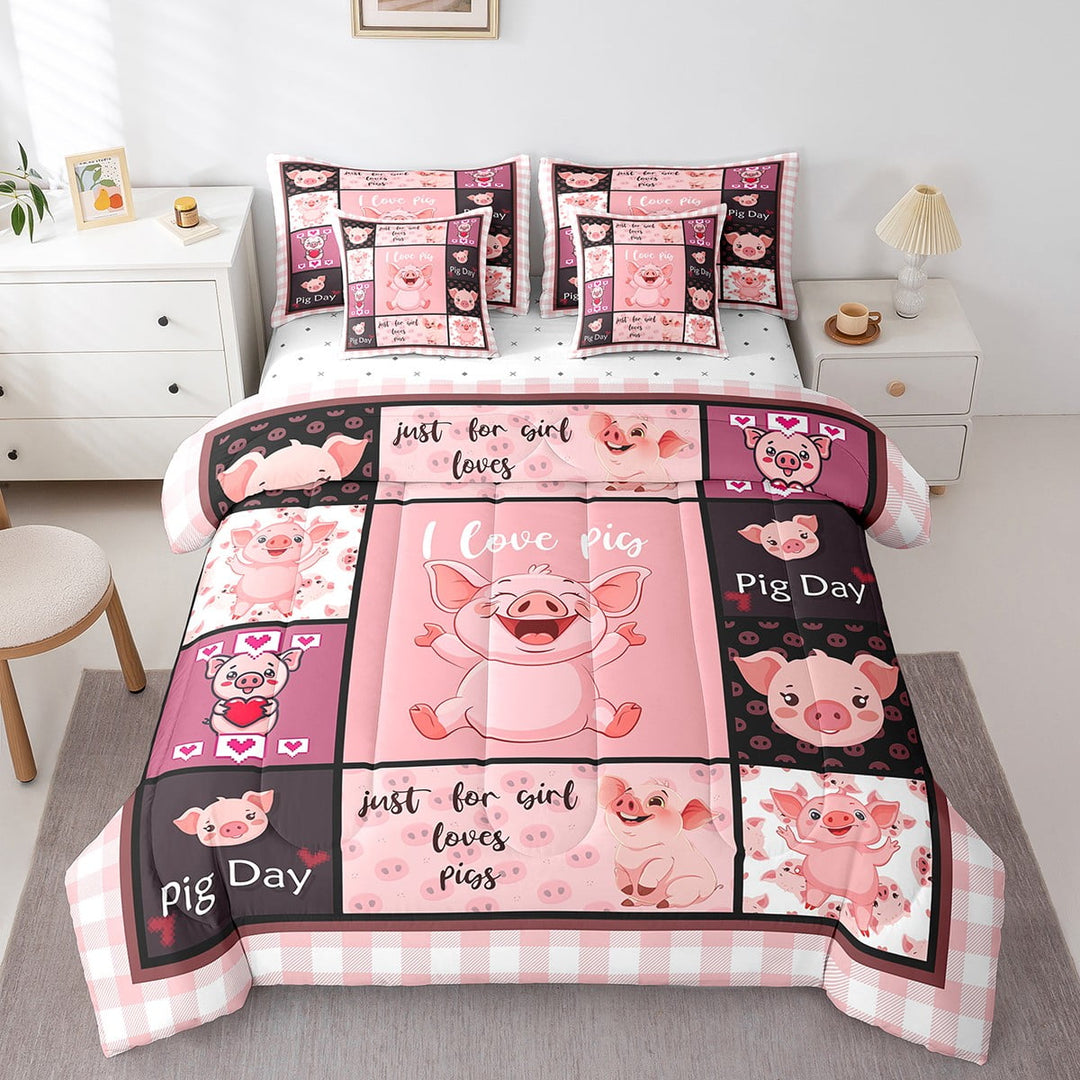 Erosebridal 7Pcs Cartoon Pig Comforter Sets King Size,Pink Piggy Comforter Set Bed In A Bag Kawaii Animal Bed Set (1 Comforter,1 Flat Sheet 1 Fitted Sheet 2 Pillowcases And 2 Throw Pillow Covers)