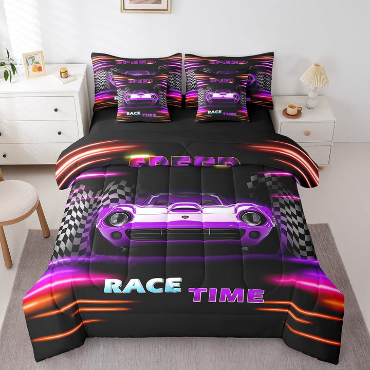 Erosebridal Purple Car Bedding Sets Twin Size,Extreme Sport Comforter Sets with Sheets,Geometric Buffalo Bed in a Bag Twin size,Breathable Automobile Room Decor,Reversible,7pcs