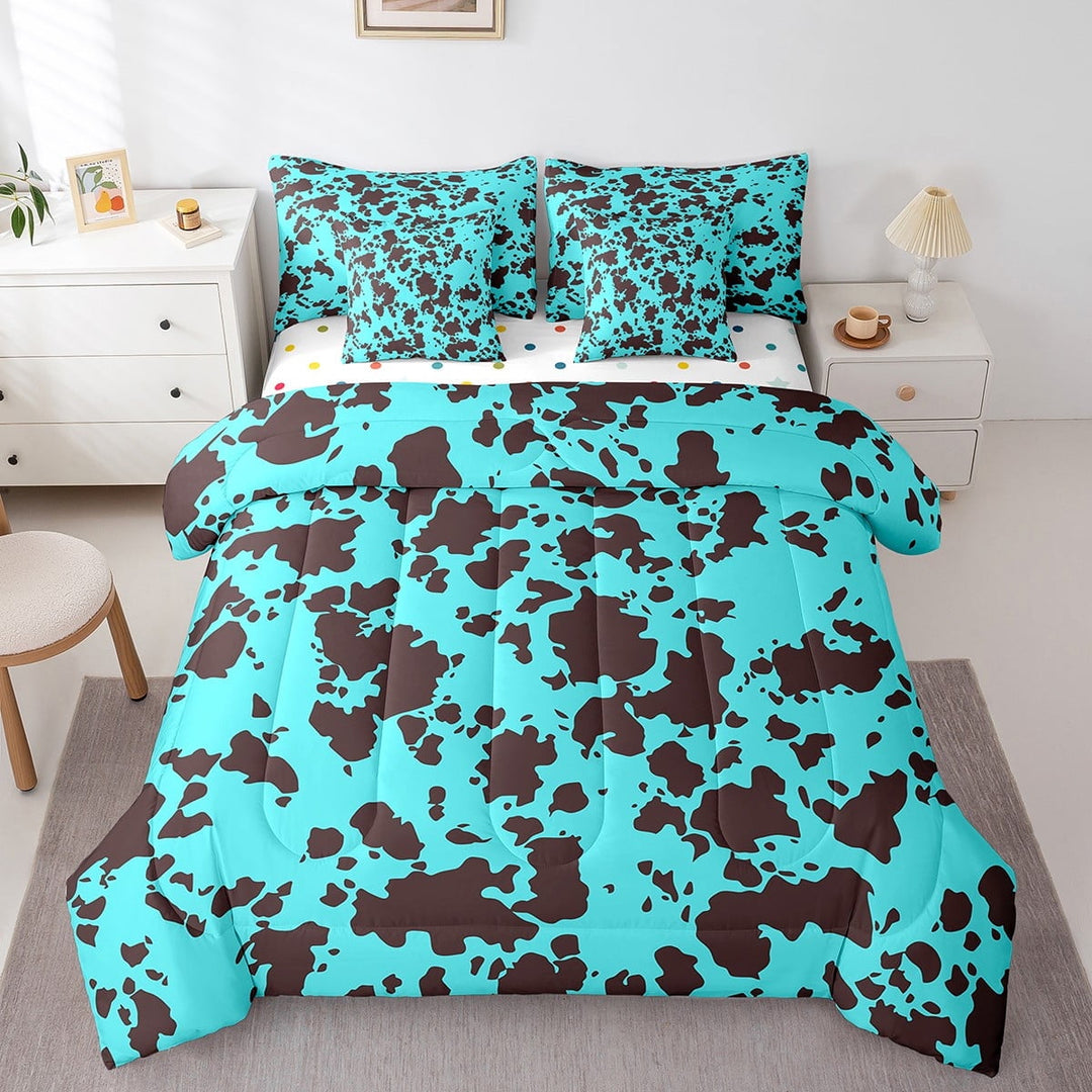 Twin Comforter Sets 7-Piece,Cartoon Cow Bedding Set with Sheets Bed in a Bag,Milk Cow Print Bed Sheets Set,Farmhouse Wildlife Safari Animal Down Comforter with 2 Throw Pillow Covers
