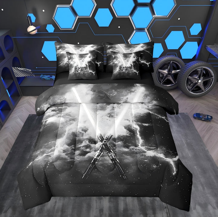 Erosebridal Neon Lightning Bedding Twin Comforter Set, Grey Lightning Down Comforter,, Reversible 7 Pieces