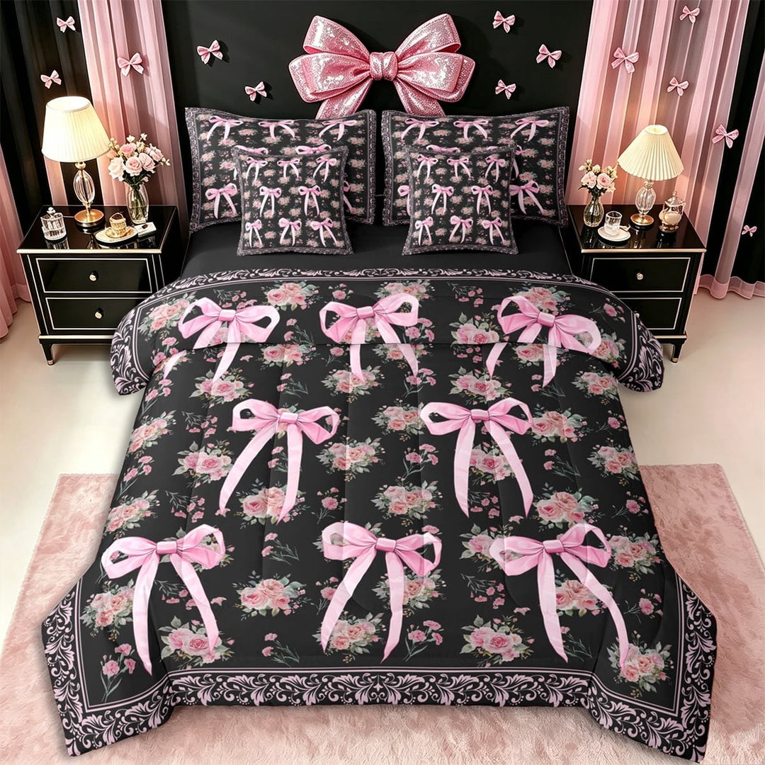 Erosebridal Floral Rose Bowknot Twin Bedding Sets 7-Piece for Teens Girls,Bohemian Damask Bedding Comforter Set for Kids,Black Reversible,Super Cozy Room Decor