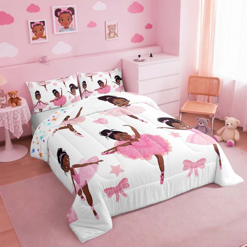 Erosebridal Black Ballet Comforter Set Full Pink Princess Bedding Set Cute American African Comforter Sets,Kawaii Love Heart Bed Set Reversible Colorful Stars Print