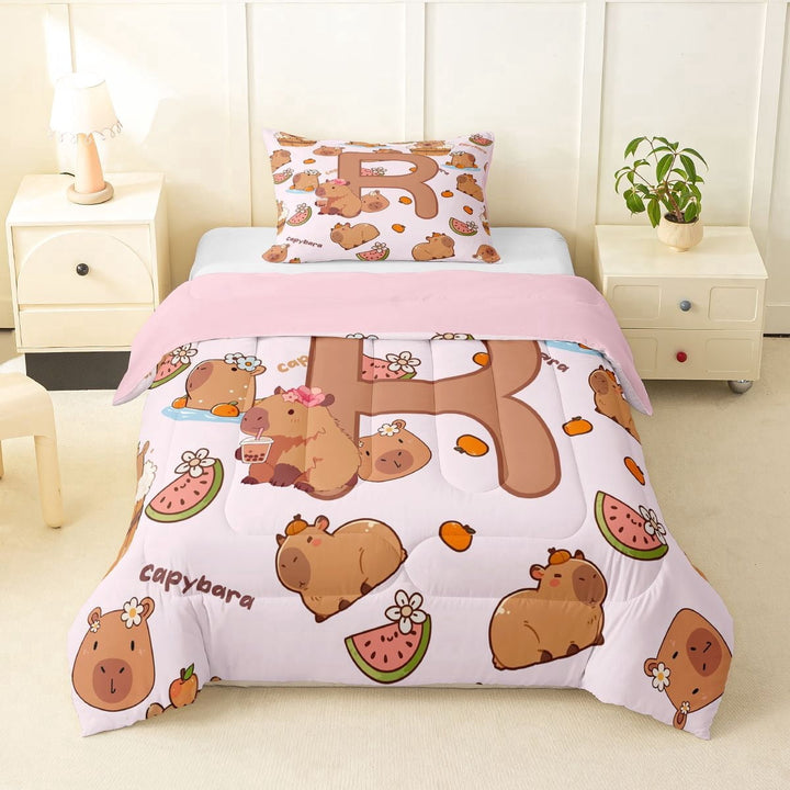 Erosebridal Cartoon Capybara R Letter Monogrammed Twin Comforter Sets 3-Piece For Kids Boys Girls,Cute Animal Funny Food Bedding Set,Pink Reversible