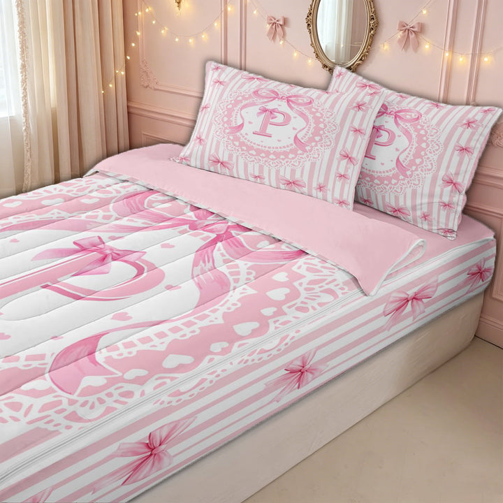 meiyoeat Pink P Monogram Zipper Twin Comforter Sets with Fitted Sheet and 2 Pillowcases for Kids Girls, Princess Bow Lace Zipper Bedding Set for Bedroom, Pink ReversibleG