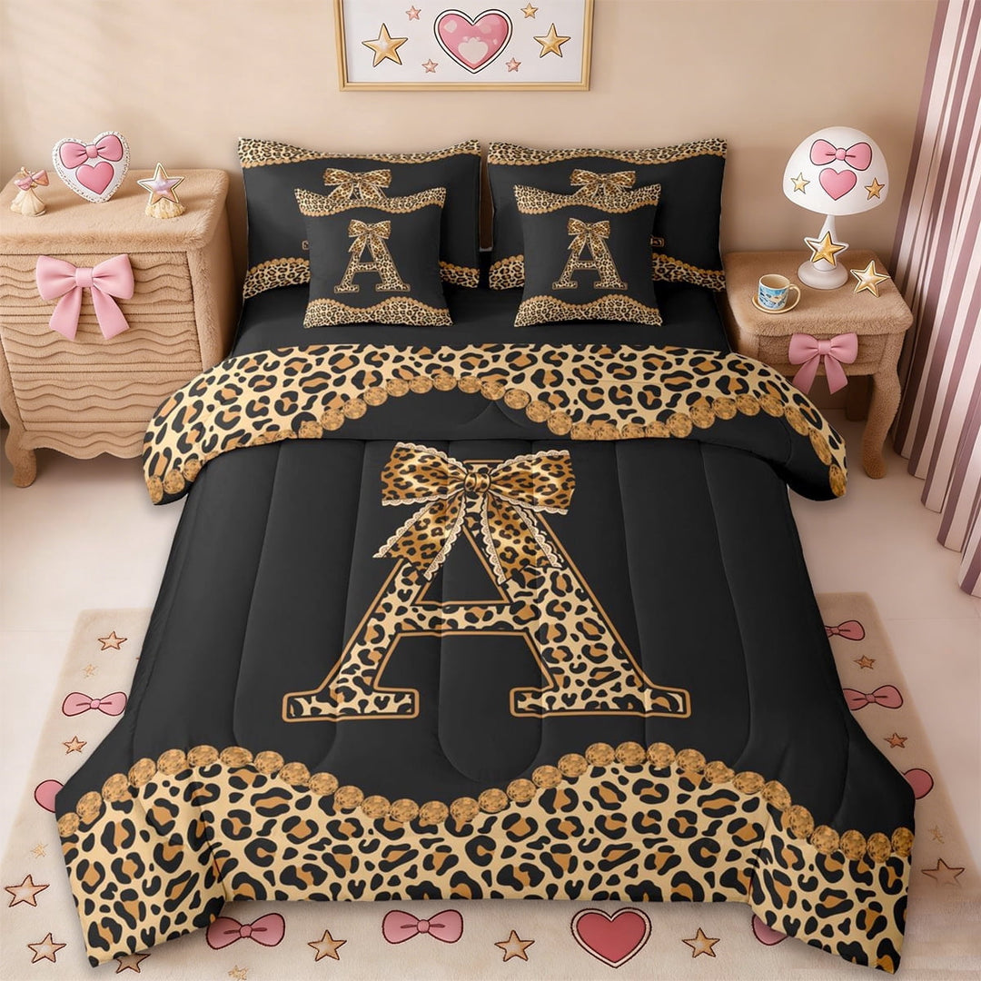 Erosebridal Fashion Women Letter A Theme 7-Piece Bedding Comforter Set,Kids Leopard Print Bows King Bedding Sets For Cheetah Lovers,Black Reversible