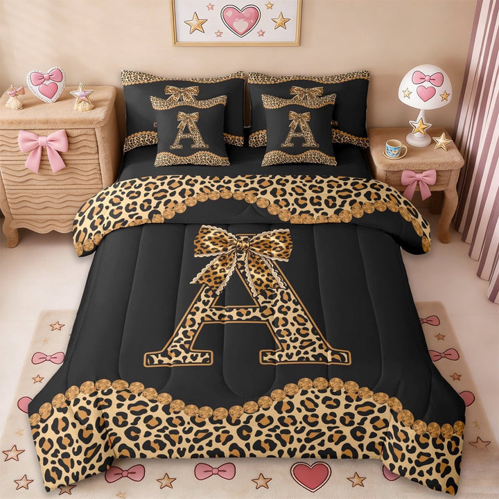 Erosebridal Fashion Women Letter A Theme 7-Piece Bedding Comforter Set,Kids Leopard Print Bows King Bedding Sets For Cheetah Lovers,Black Reversible