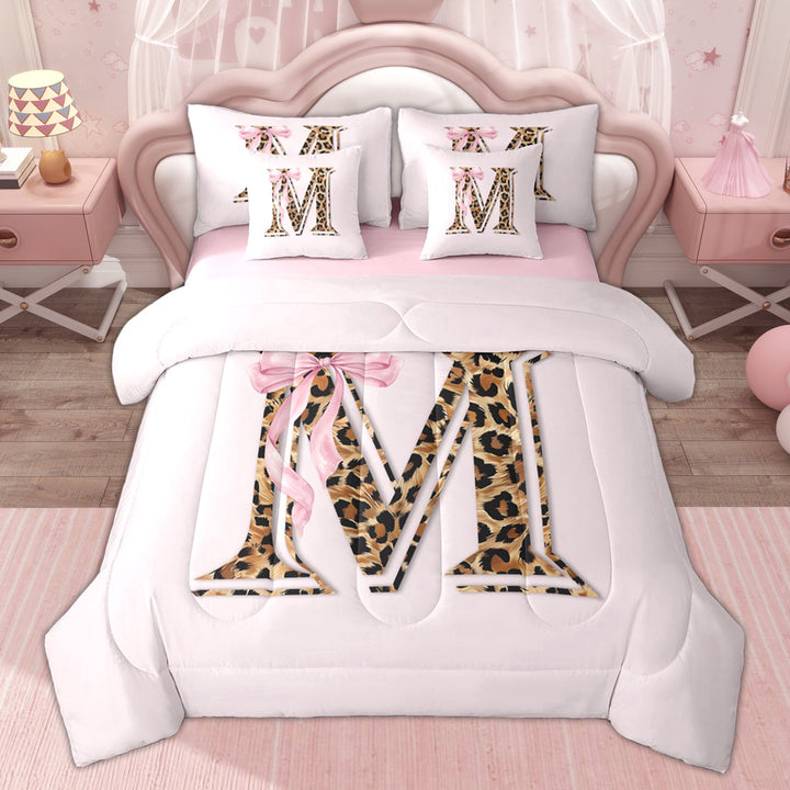 Erosebridal Cute Pink Bow Letter M Twin Bedding Sets, Kids Leopard Print Bedding Comforter Set, 7-Piece